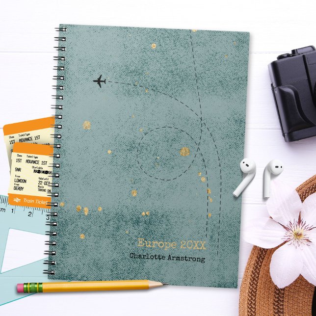 Wanderlust Namn Flygplan Mörk blått Guld Travel Anteckningsbok (Wanderlust Name Airplane Dark Blue Gold Travel Notebook ©Susanne Sachers - Sunny Wanderlust 🌞✈️)