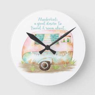 Wanderlust Quote Retro Camper Caravan Rund Klocka
