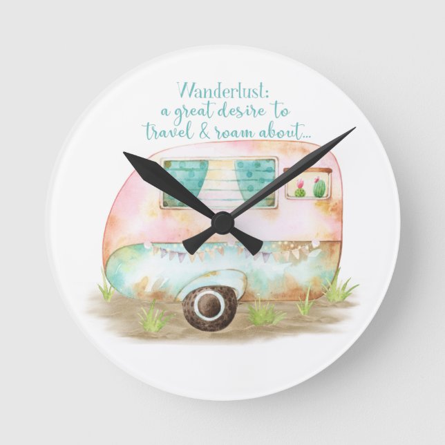 Wanderlust Quote Retro Camper Caravan Rund Klocka (Framsida)