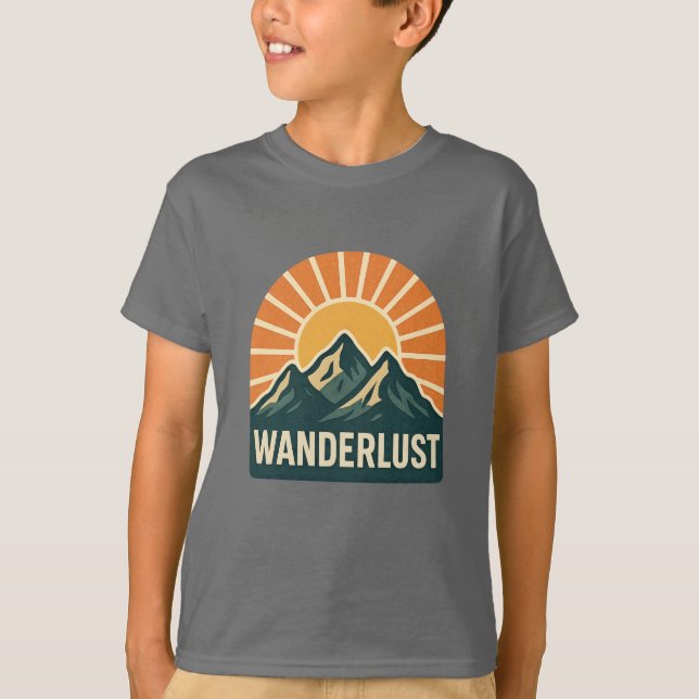 Wanderlust Retro Blue Mountain Sunrise Kids Nature T Shirt (Framsida)