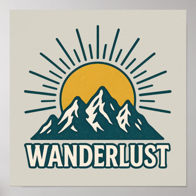Wanderlust Retro Teal Mountain Sunrise Hiking Art Poster (Framsidan)