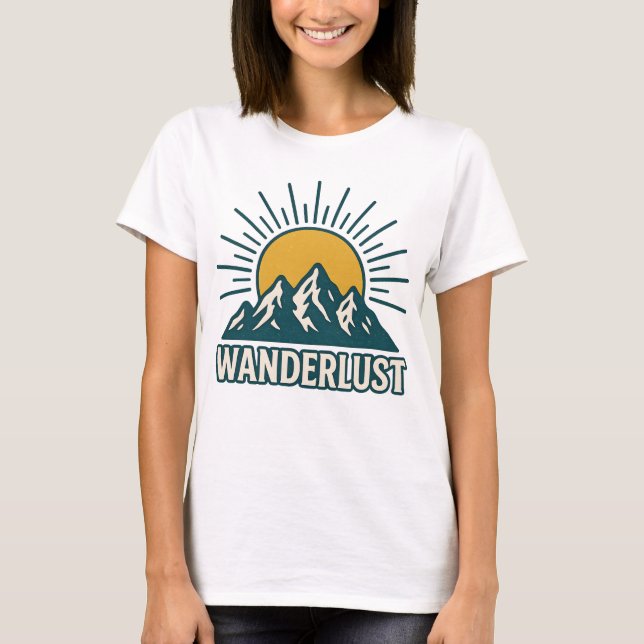Wanderlust Retro Teal Mountain Sunrise | Hiking T Shirt (Framsida)