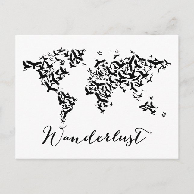 Wanderlust, världskarta med flygande fåglar vykort (Framsida)