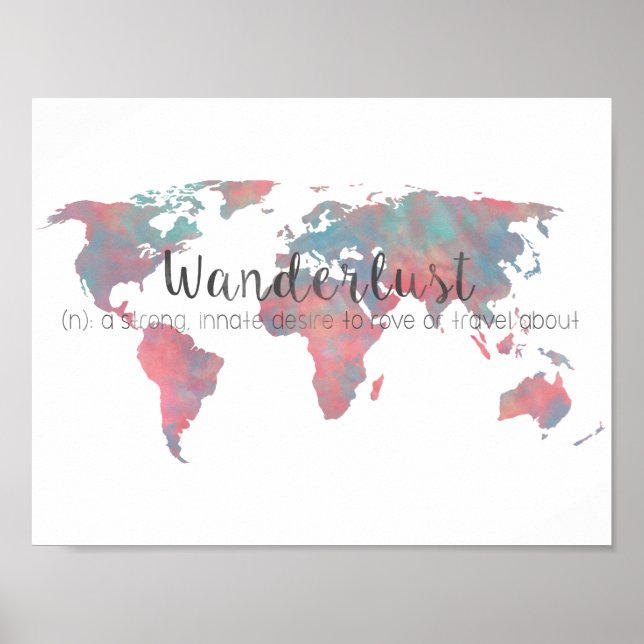 Wanderlustdefinition på vattenfärgsvärldskarta poster (Framsidan)