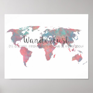 Wanderlustdefinition på vattenfärgvärldskarta poster