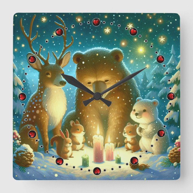 Wanduhr Reh und Bärchen Weihnachten Christmas  Fyrkantig Klocka (Framsida)