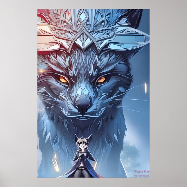 Wanna Play - Raccoon Girl AI Fantasy Art Print Poster (Framsidan)
