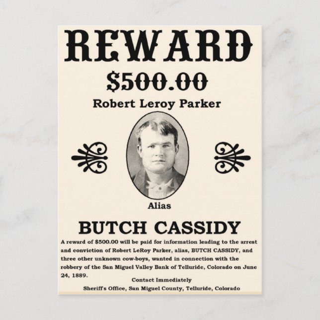 Wanted Butch Cassidy Vykort (Framsida)