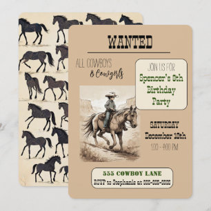 WANTED Cowboy Födelsedagsfest - Riding Cowboy Inbjudningar