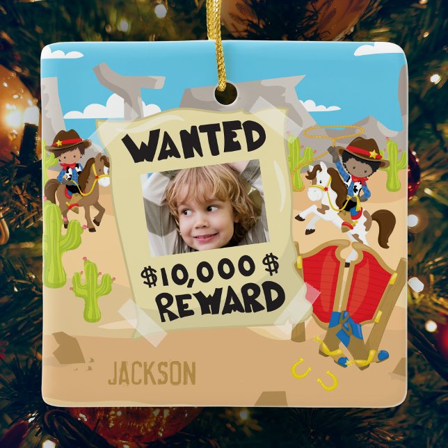 Wanted Cowboy med Photo and Namn, Boy-jul Julgransprydnad Keramik (Skapare uppladdad)