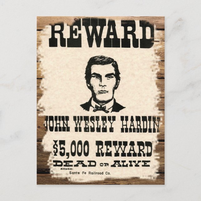 Wanted John Wesley Hardin Vykort (Framsida)