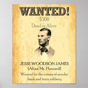 Wanted Outlaw Jesse James Vilda western USA Poster