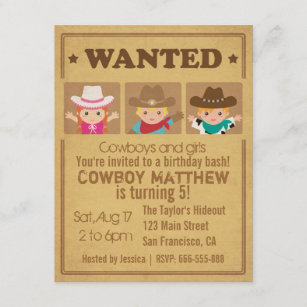 Wanted Vintage affisch Cowboys and girl Party Inbjudningar