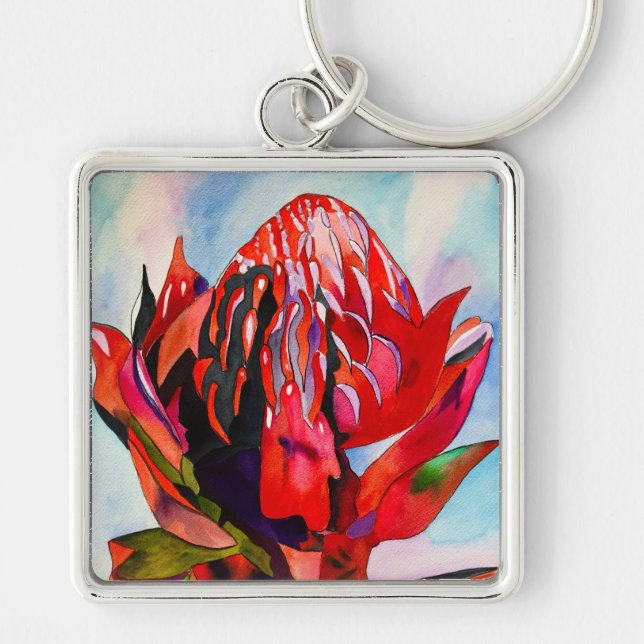 Waratah Australian, ursprungsblommans vattenfärg Fyrkantig Silverfärgad Nyckelring (Framsidan)