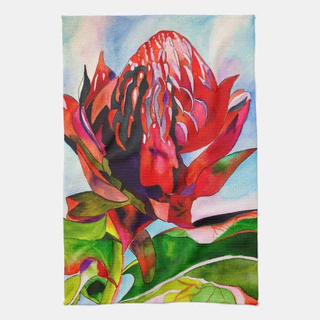 Waratah Australian, ursprungsblommans vattenfärg Kökshandduk (Vertikal)