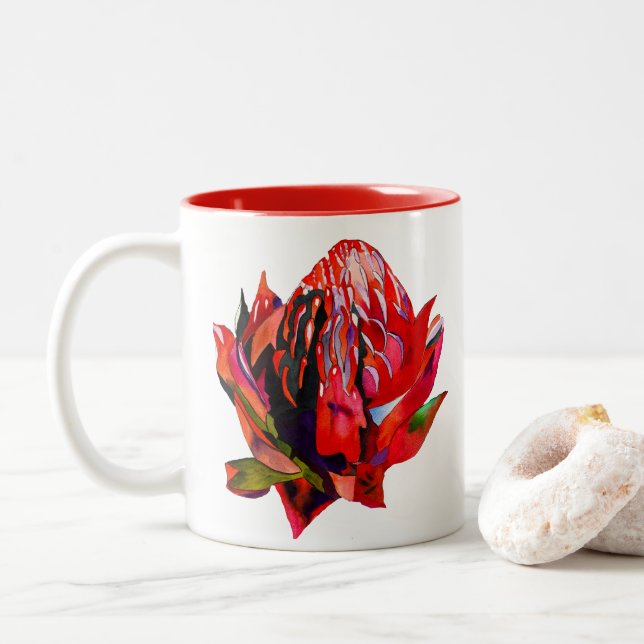 Waratah Australian, ursprungsblommans vattenfärg Två-Tonad Mugg (Med munk)