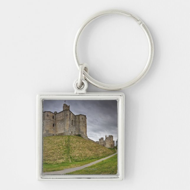 Warkworth slott i Northumberland, England Fyrkantig Silverfärgad Nyckelring (Framsidan)