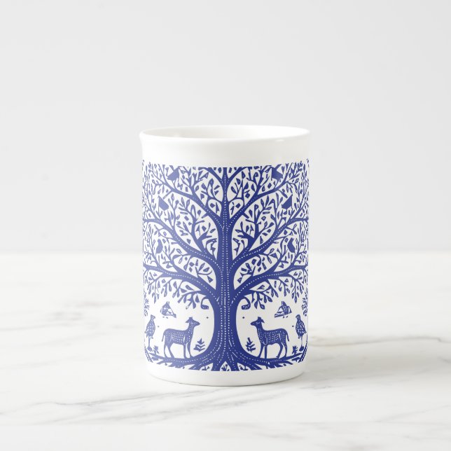 Warli Art Indisk Tribal Illustration | Minimalisti Benporslin Mugg (Framsidan)
