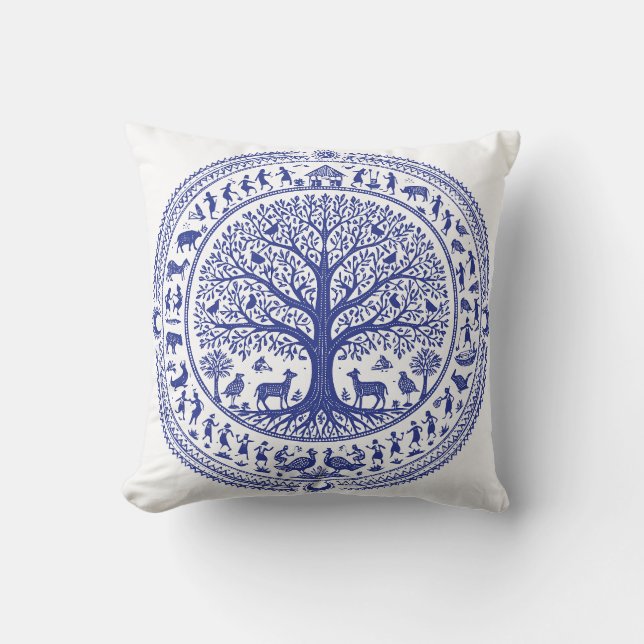 Warli Art Indisk Tribal Illustration | Minimalisti Kudde (Framsida)