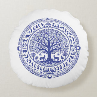 Warli Art Indisk Tribal Illustration | Minimalisti Rund Kudde