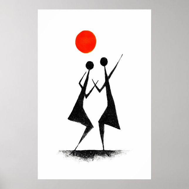 Warli folkkonsttryck minimalistisk dansscen poster (Framsidan)