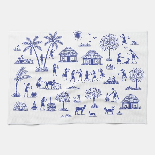Warli-konst Indisk Tribal Illustration Kökshandduk (Horisontell)