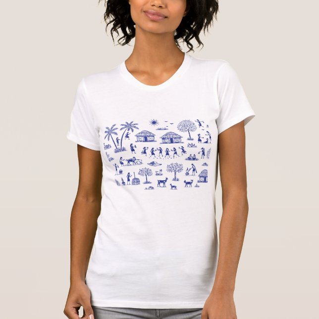 Warli-konst Indisk Tribal Illustration T Shirt (Framsida)