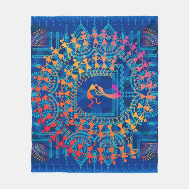 Warli-lackering - hand plockade traditionellt sett fleecefilt (Framsidan)
