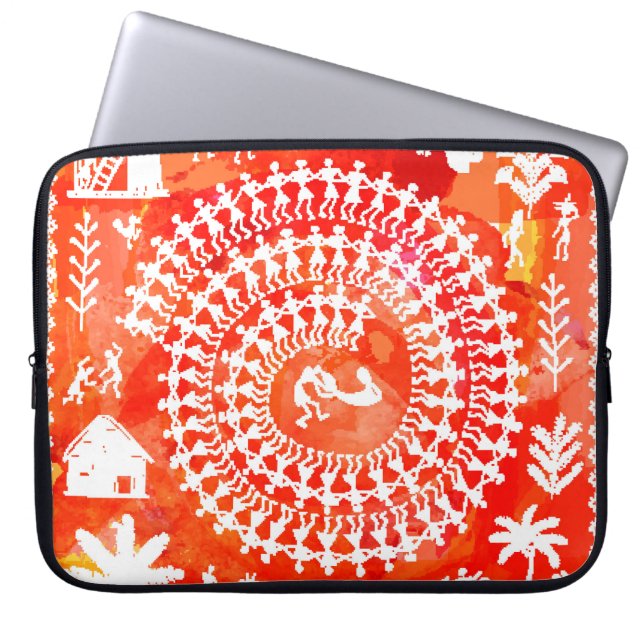 Warli-lackering - hand plockade traditionellt sett laptop fodral (Framsidan)