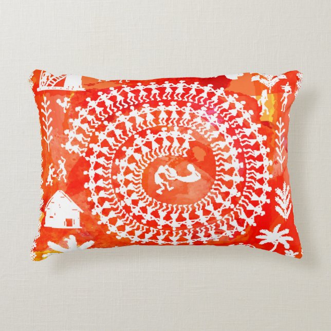 Warli-lackering - hand plockade traditionellt sett prydnadskudde (Framsidan)