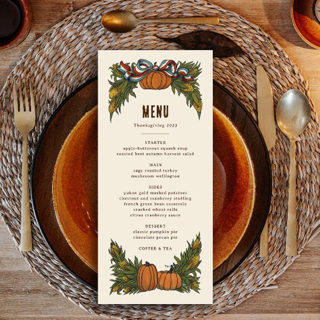 Warm Americana Harvest Thanksgiving Meny (autumn harvest thanksgiving dinner menu with illustrated swags of corn stalks, pumpkin and ribbon)