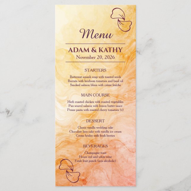 Warm Autumn Marble Wedding Menu Meny (Framsida)