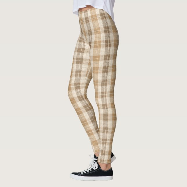 Warm Beige Plaid Linen Texture with Weaves Leggings (Vänster)