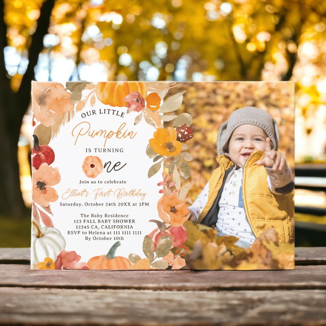 Warm Boho fall Little Pumpkin First Birthday-foto Inbjudningar (Warm Boho fall Little Pumpkin First Birthday photo Invitation)