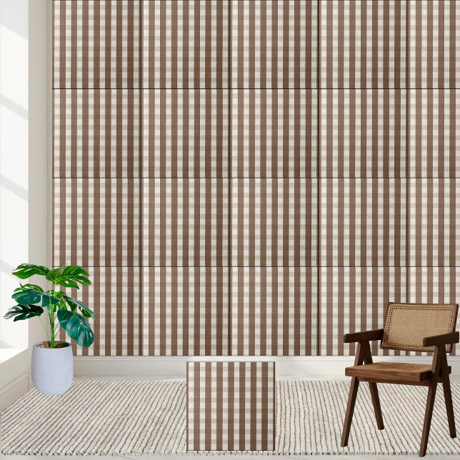 Warm Brown och White Checkated Gingham Mönster Kakelplatta (Warm Brown and White Checkered Gingham Pattern Ceramic Tile)