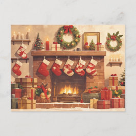 Warm Christmas Fireplace Scene Helg Vykort