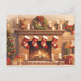 Warm Christmas Fireplace Scene Helg Vykort