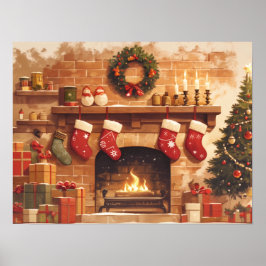 Warm Christmas Fireplace Scene Poster