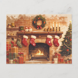 Warm Christmas Fireplace Scene Vykort
