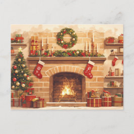 Warm Christmas Fireplace Scene Vykort