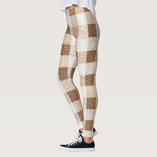 Warm Cocoa Cream Brown Plaid Stripes Leggings (Vänster)