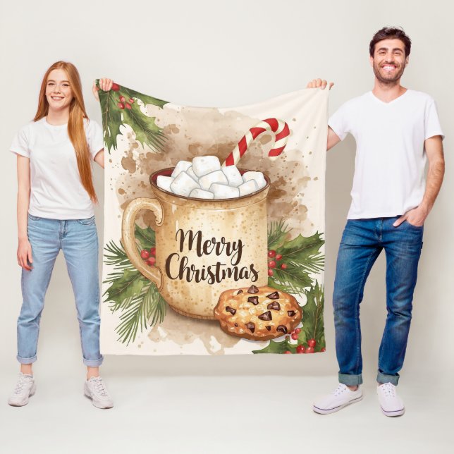 Warm cocoa merry Christmas holly cozy festive Fleecefilt (På plats)