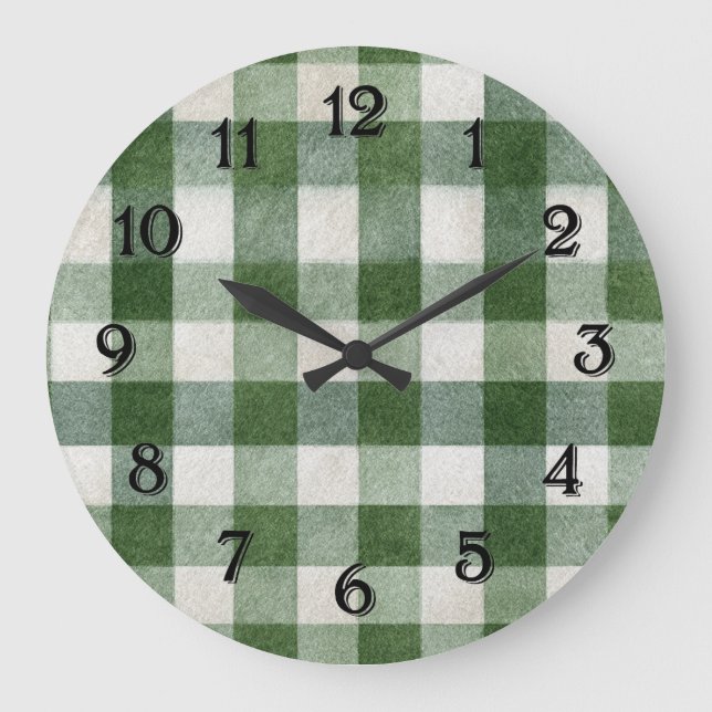 Warm Country Green Cream Plaid Stripes Stor Klocka (Framsida)