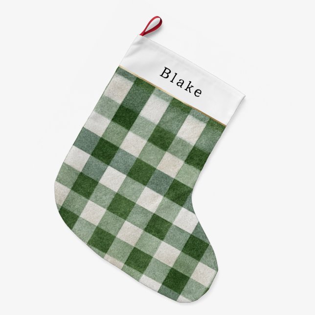 Warm Cream Green Plaid Stripes Christmas Stor Julstrumpa (Framsidan (Hängande))