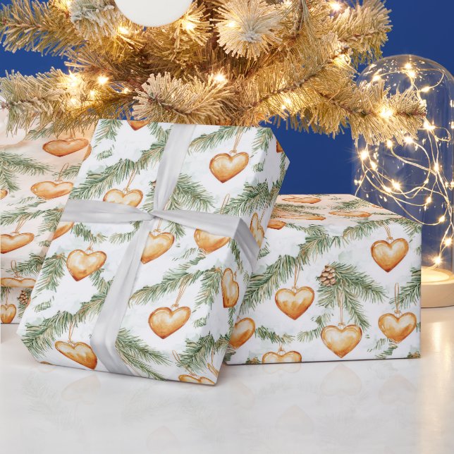 Warm Creamy Caramel Hearts Christmas Tree Branches Presentpapper (Helgdagar)