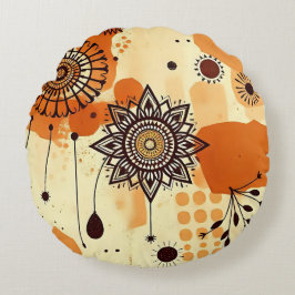 Warm Earthy Rustic Mandala Boho Blommigt Rund Kudde