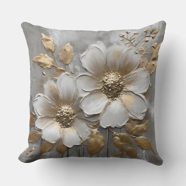 Warm Gray Gold White Modern Rustic Floral Kudde (Framsida)