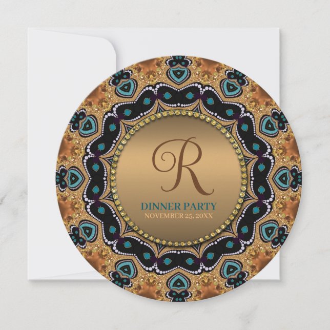 Warm Guld och Teal Moroccan Gnistra Dinner Party Inbjudningar (Framsida)