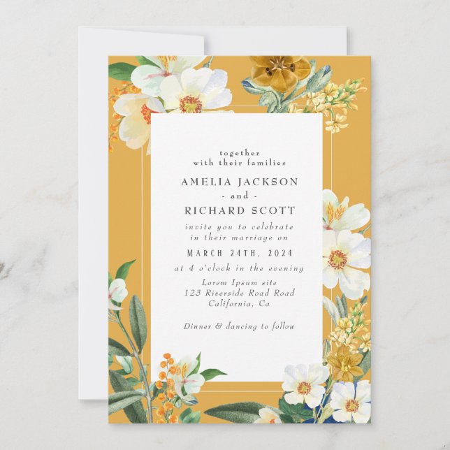 Warm gult Garden Wildblommor Vår bröllop Inbjudningar (Framsida)