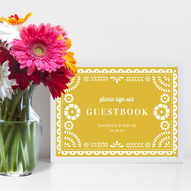Warm Gult Papel Picado Bröllop Guestbook-tecken Poster (Skapare uppladdad)